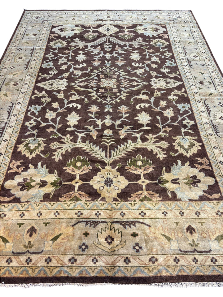 Chocolate Brown Floral Design – Handwoven Wool Rug – 9’7” × 13’11”