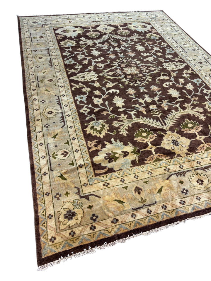 Chocolate Brown Floral Design – Handwoven Wool Rug – 9’7” × 13’11”