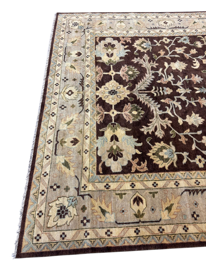 Chocolate Brown Floral Design – Handwoven Wool Rug – 9’7” × 13’11”