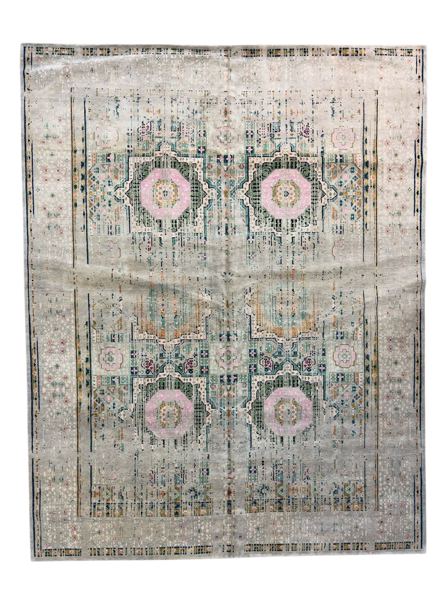 Silver Gray with Blush & Sage Accents – Contemporary Handwoven Wool Area Rug –  10’0” × 13’0”