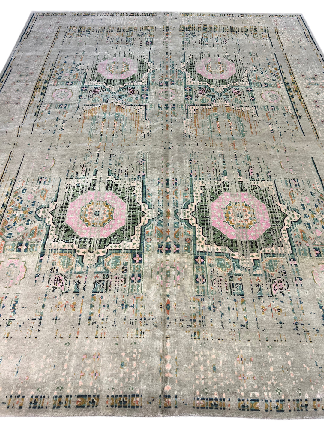 Silver Gray with Blush &amp; Sage Accents – Contemporary Handwoven Wool Area Rug –  10’0” × 13’0”
