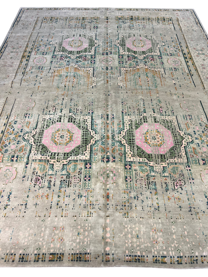 Silver Gray with Blush &amp; Sage Accents – Contemporary Handwoven Wool Area Rug –  10’0” × 13’0”