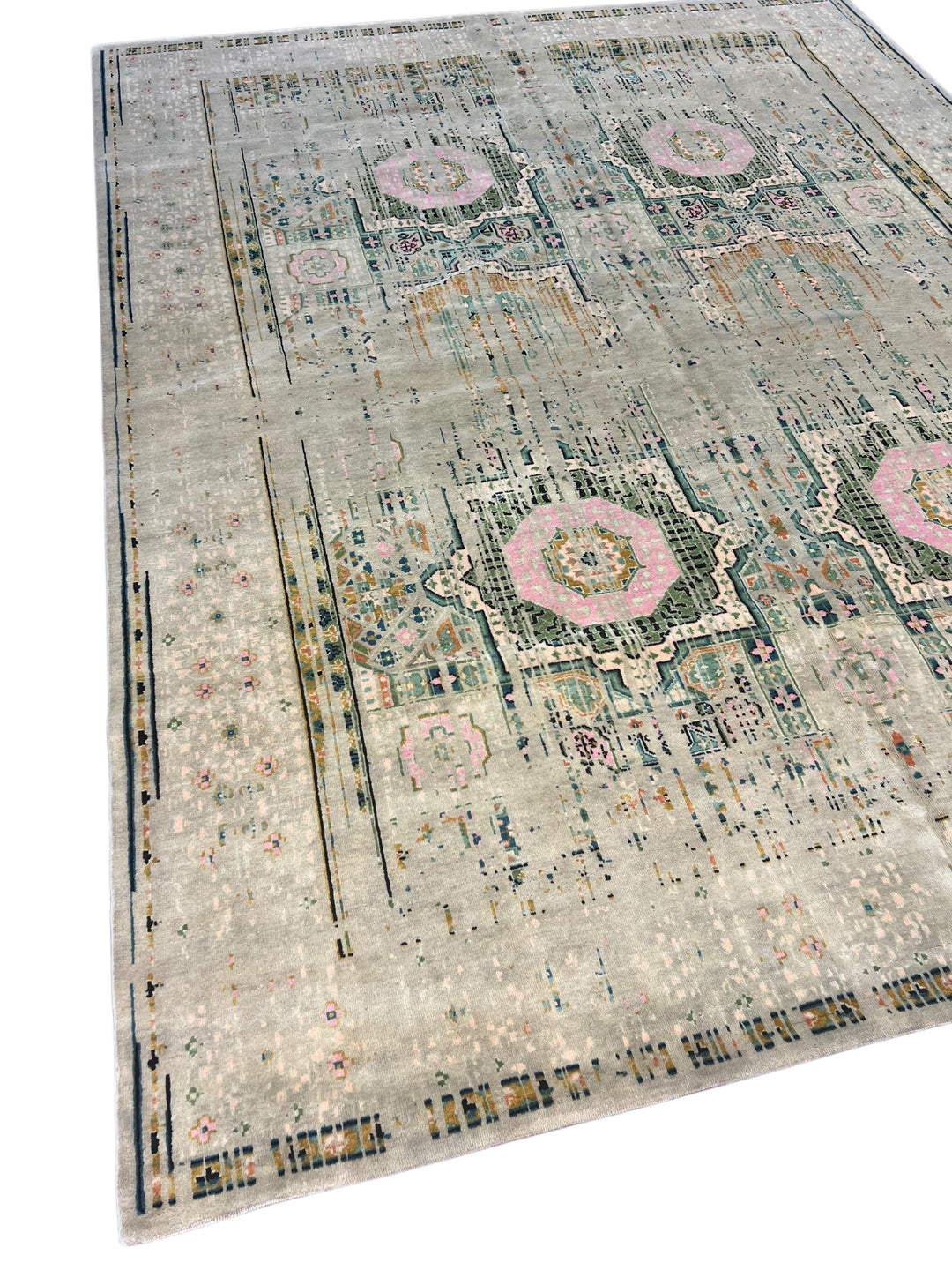 Silver Gray with Blush &amp; Sage Accents – Contemporary Handwoven Wool Area Rug –  10’0” × 13’0”