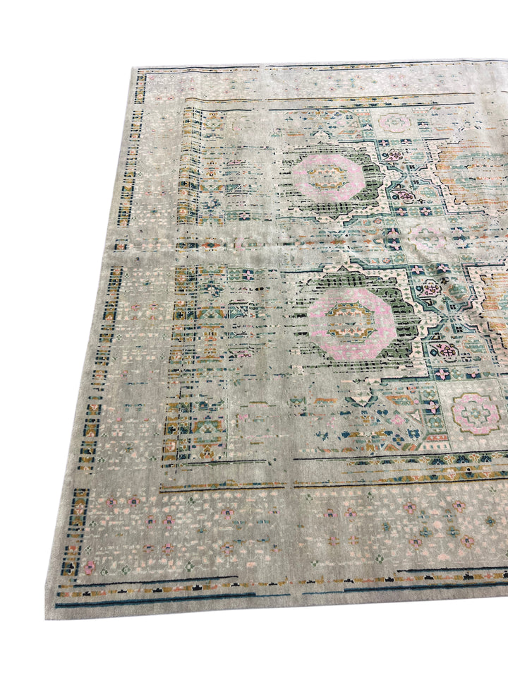 Silver Gray with Blush &amp; Sage Accents – Contemporary Handwoven Wool Area Rug –  10’0” × 13’0”