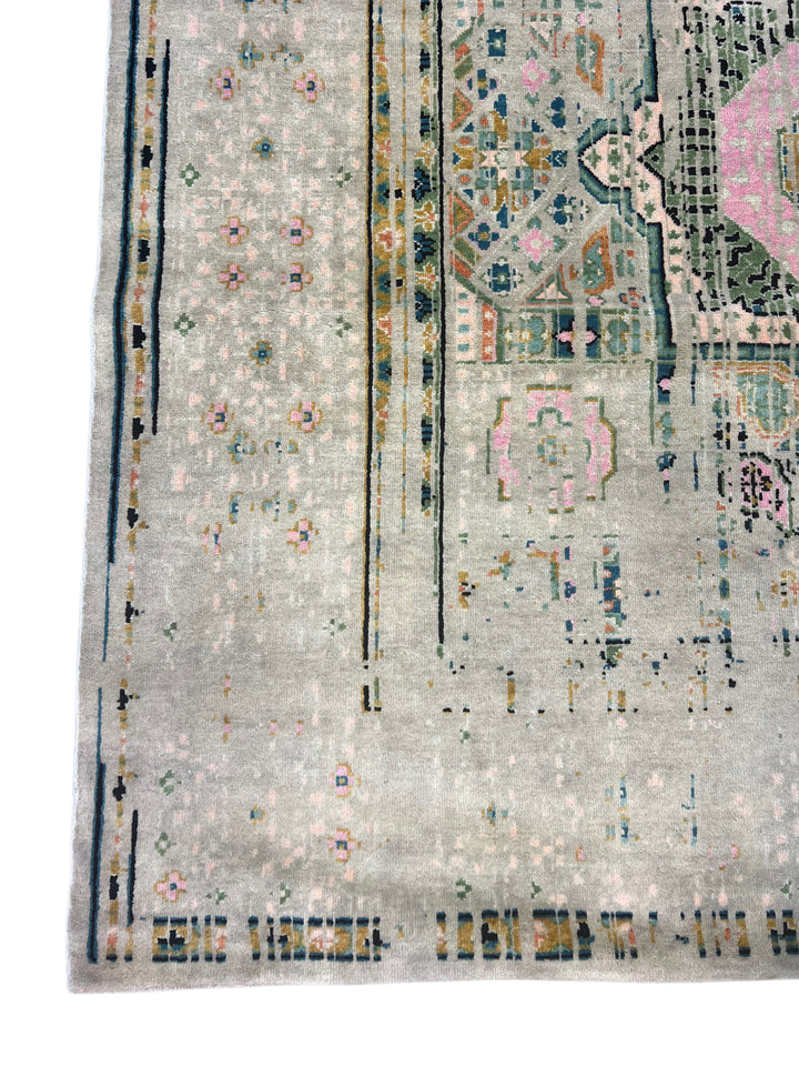Silver Gray with Blush &amp; Sage Accents – Contemporary Handwoven Wool Area Rug –  10’0” × 13’0”