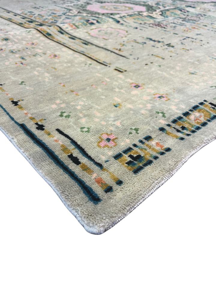 Silver Gray with Blush &amp; Sage Accents – Contemporary Handwoven Wool Area Rug –  10’0” × 13’0”