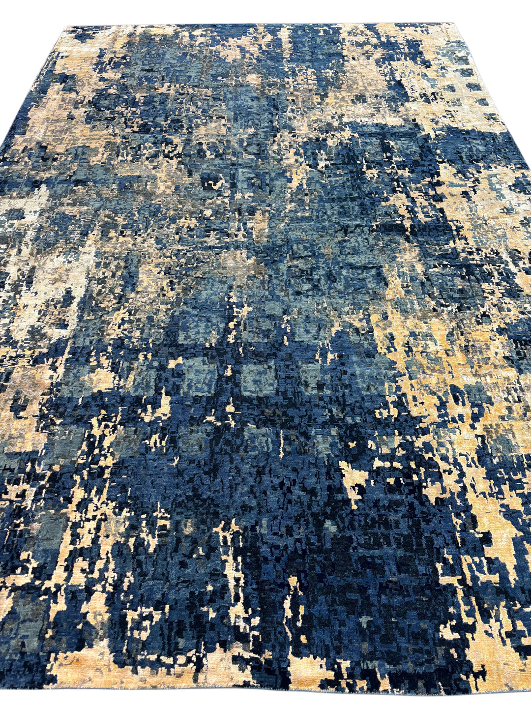Navy Blue &amp; Gold -Modern Abstract Art Silk Area Rug | 10.0’ x 14.7’