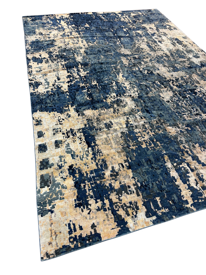 Navy Blue &amp; Gold -Modern Abstract Art Silk Area Rug | 10.0’ x 14.7’