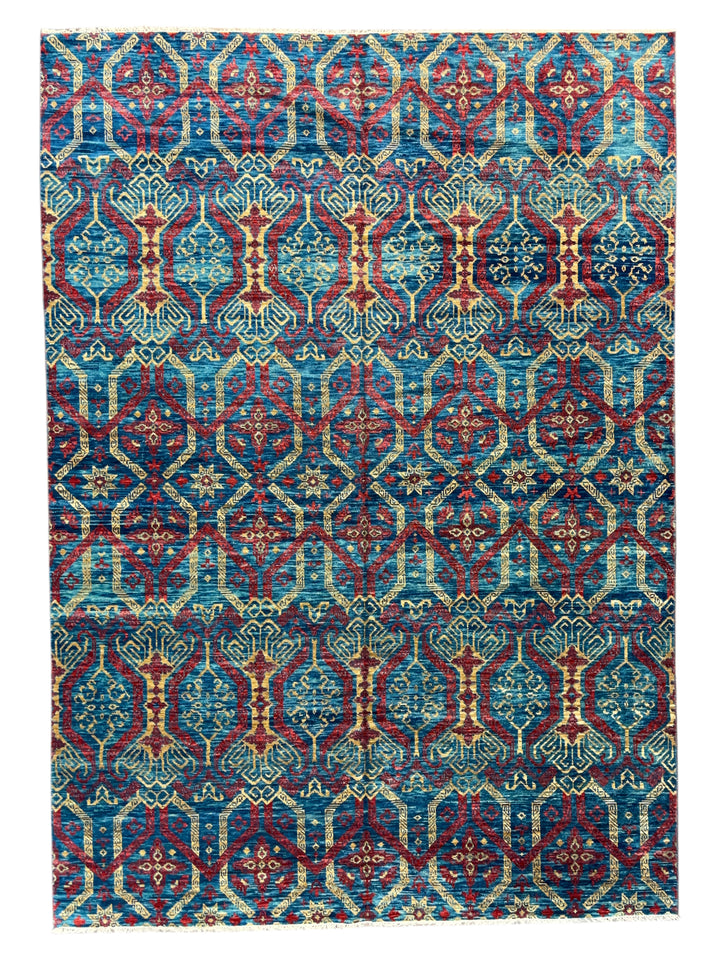 Blue &amp; Red Tribal Design - Handcrafted Geometric Wool Area Rug - 9.11’ x 14.0’