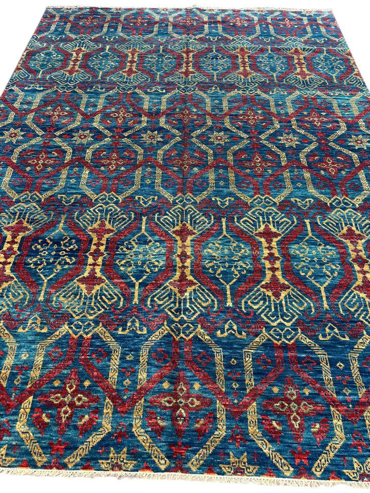 Blue &amp; Red Tribal Design - Handcrafted Geometric Wool Area Rug - 9.11’ x 14.0’