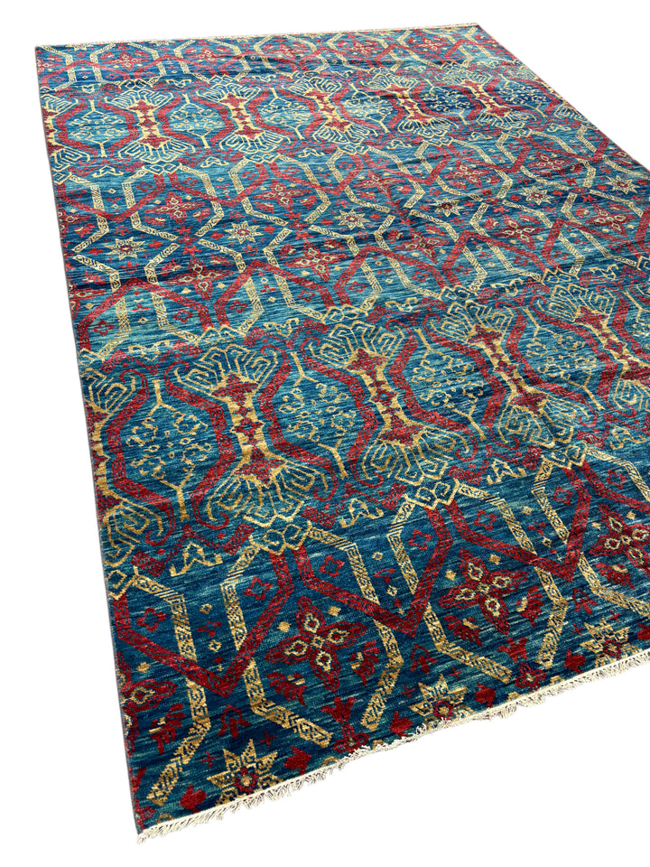 Blue &amp; Red Tribal Design - Handcrafted Geometric Wool Area Rug - 9.11’ x 14.0’