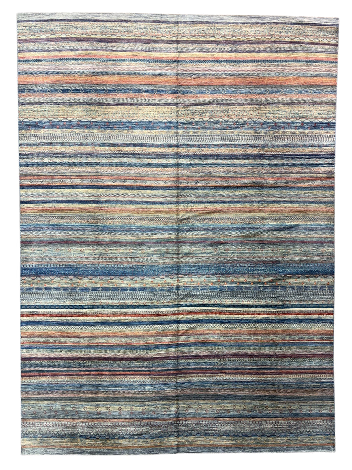 Modern Striped Wool Rug in Blue, Ivory &amp; Rust – 10’0” × 13’10”