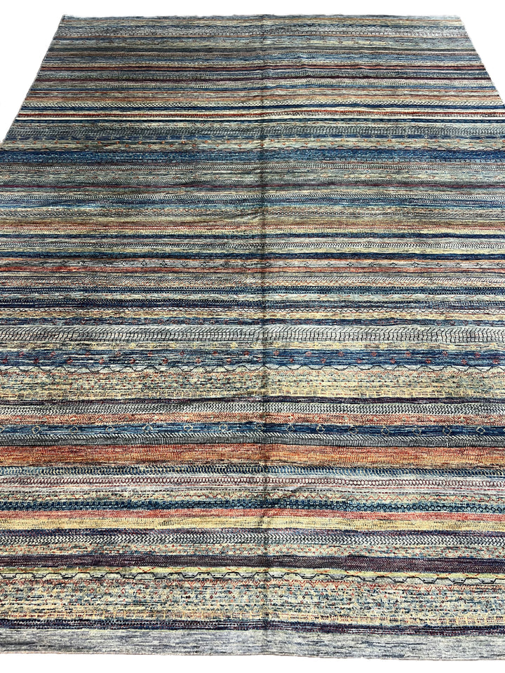 Modern Striped Wool Rug in Blue, Ivory &amp; Rust – 10’0” × 13’10”