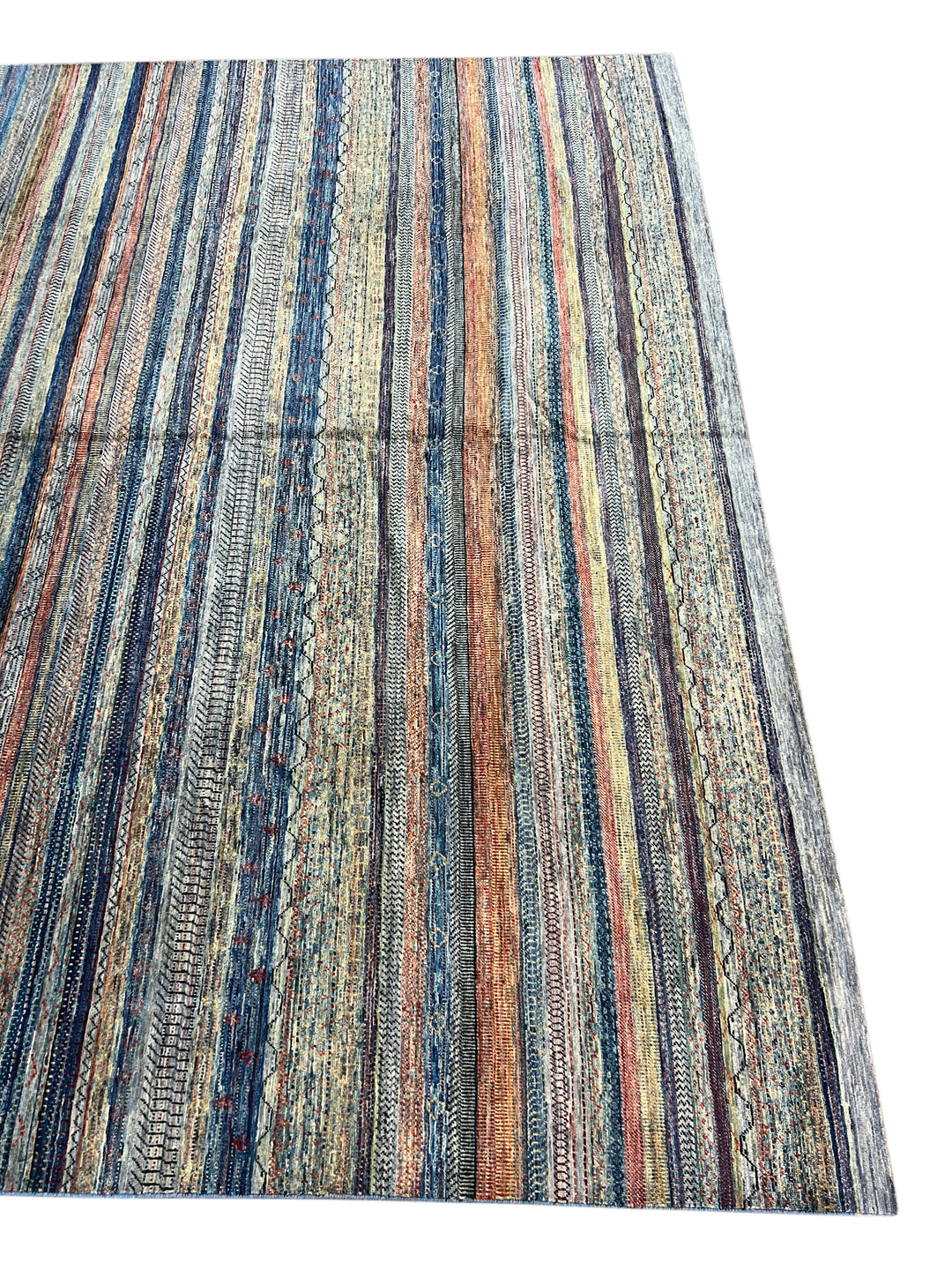 Modern Striped Wool Rug in Blue, Ivory &amp; Rust – 10’0” × 13’10”