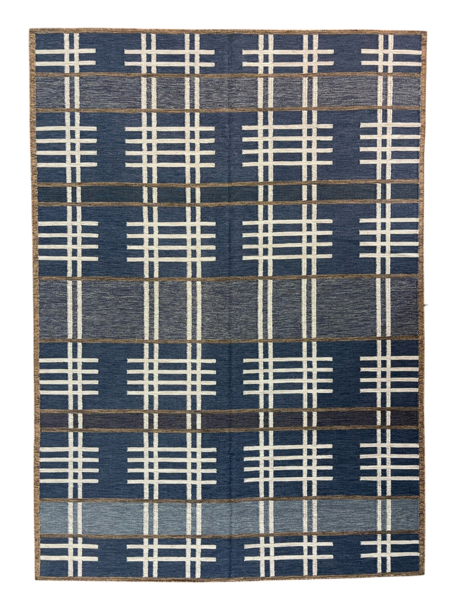 Navy & Ivory – Transitional English Plaid – Handwoven Wool Flat Weave Rug – 10’1” × 14’1”
