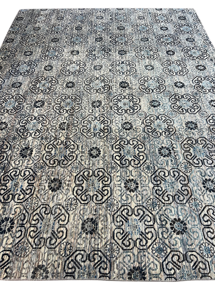 Handcrafted Contemporary Wool Area Rug – Geometric Medallion Design - 10.4’ x 13.7’