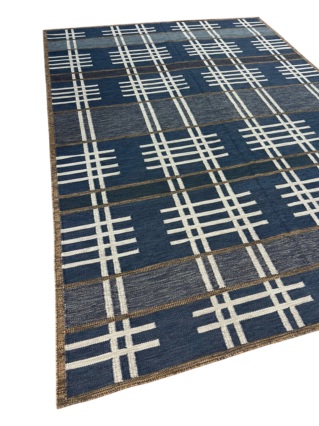 Navy &amp; Ivory – Transitional English Plaid – Handwoven Wool Flat Weave Rug – 10’1” × 14’1”