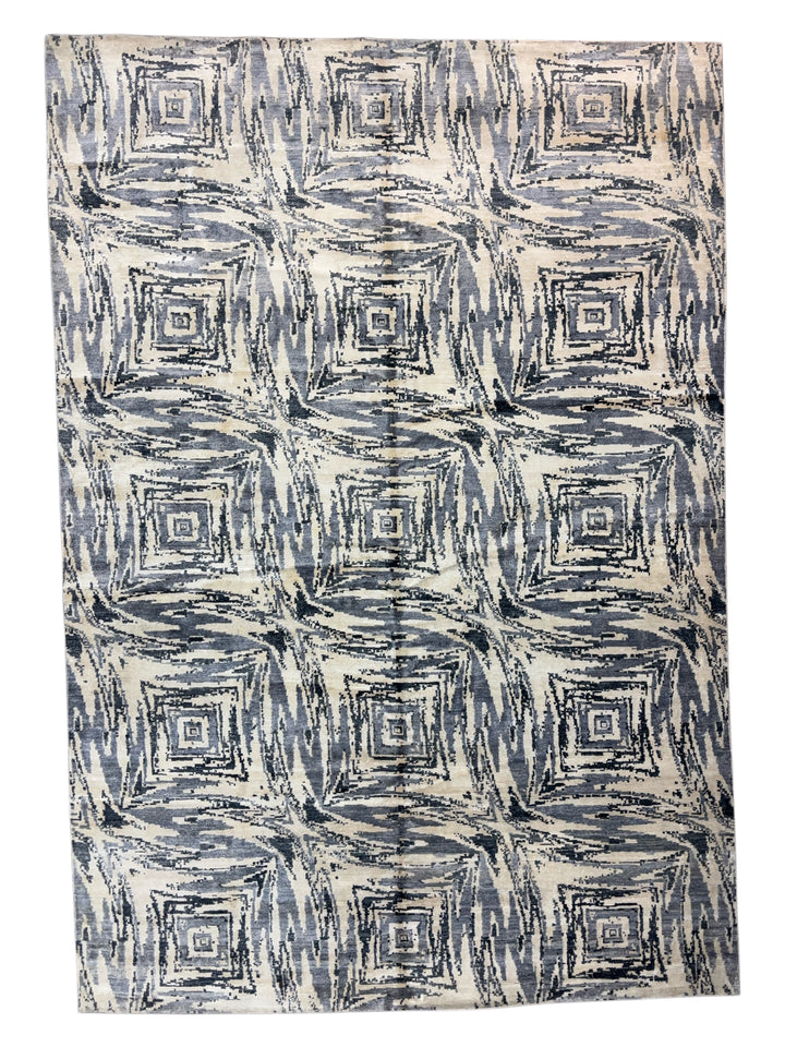 Modern Geometric Art Silk Area Rug – Blue Gray &amp; Ivory | 9.9’ x 14.1’