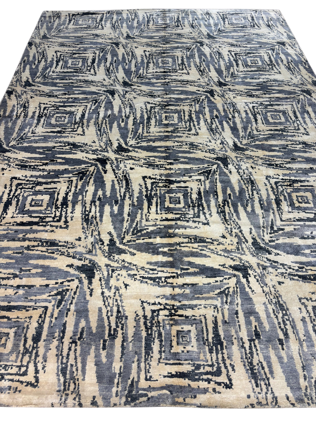 Modern Geometric Art Silk Area Rug – Blue Gray &amp; Ivory | 9.9’ x 14.1’