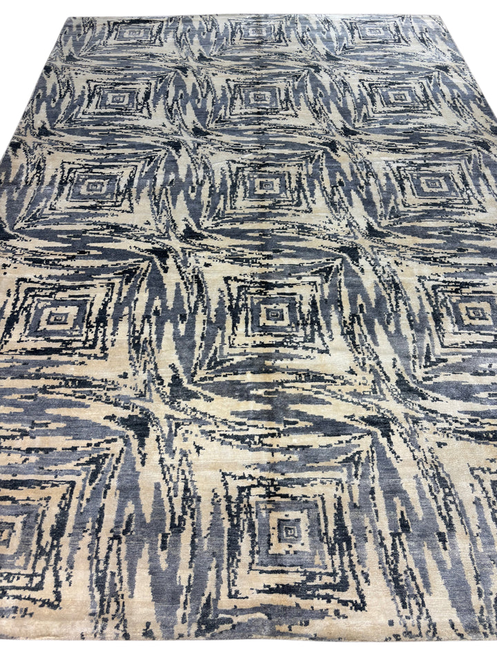 Modern Geometric Art Silk Area Rug – Blue Gray &amp; Ivory | 9.9’ x 14.1’