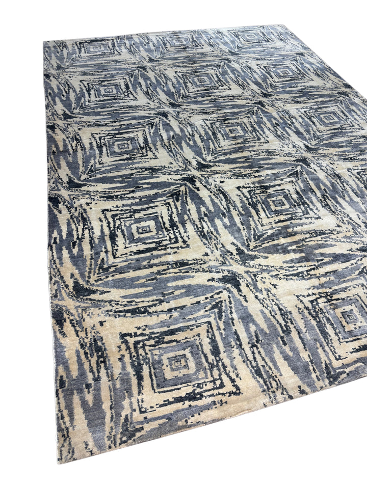 Modern Geometric Art Silk Area Rug – Blue Gray &amp; Ivory | 9.9’ x 14.1’