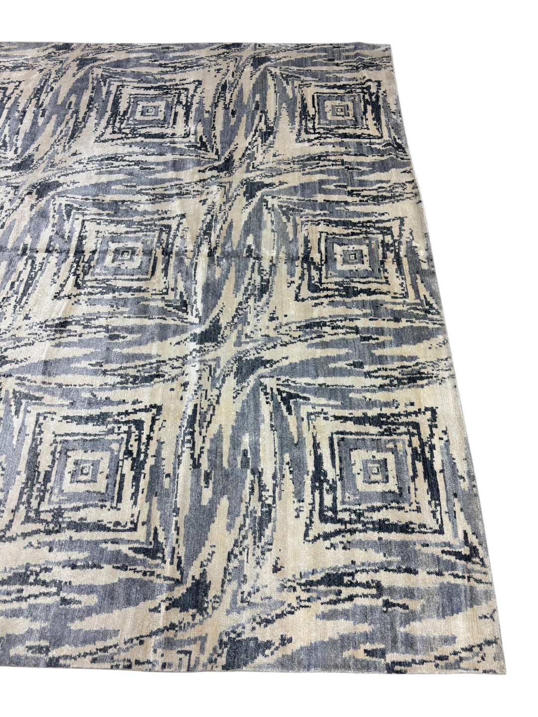 Modern Geometric Art Silk Area Rug – Blue Gray &amp; Ivory | 9.9’ x 14.1’