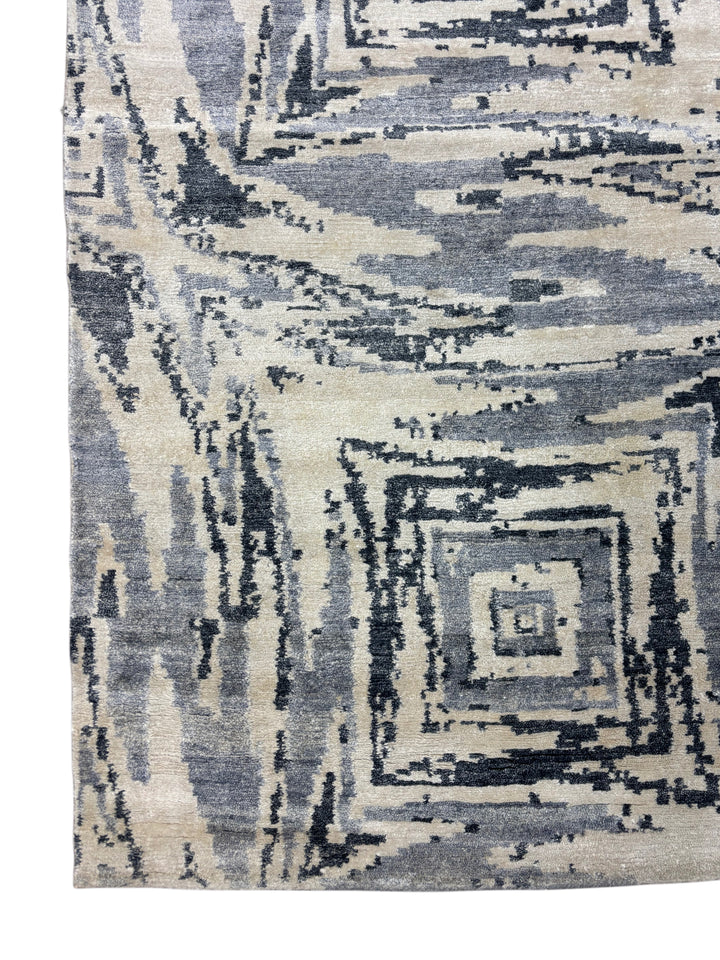 Modern Geometric Art Silk Area Rug – Blue Gray &amp; Ivory | 9.9’ x 14.1’