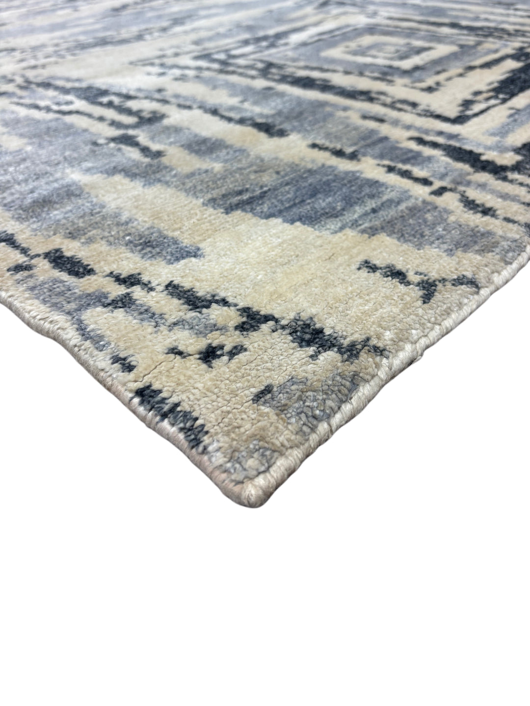 Modern Geometric Art Silk Area Rug – Blue Gray &amp; Ivory | 9.9’ x 14.1’
