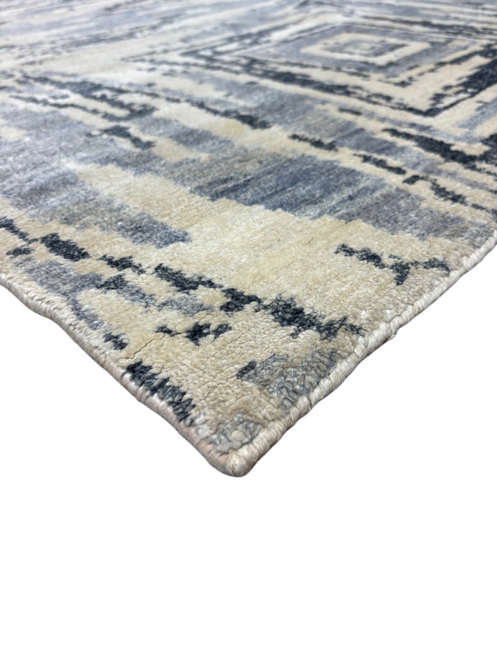 Modern Geometric Art Silk Area Rug – Blue Gray &amp; Ivory | 9.9’ x 14.1’