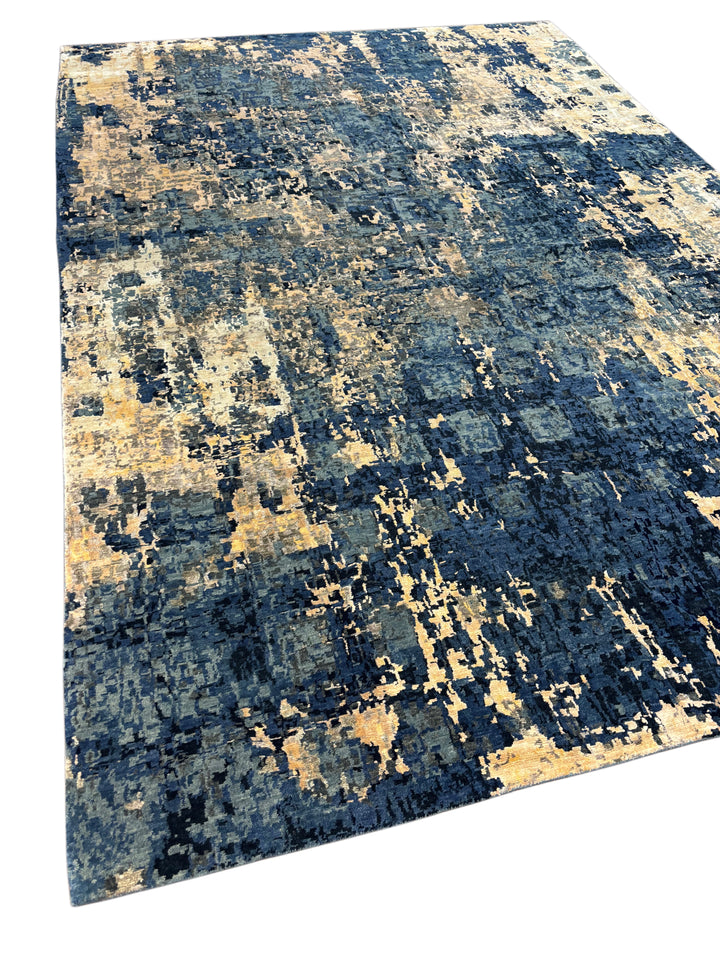 Navy Blue &amp; Gold -Modern Abstract Art Silk Area Rug | 10.0’ x 14.7’
