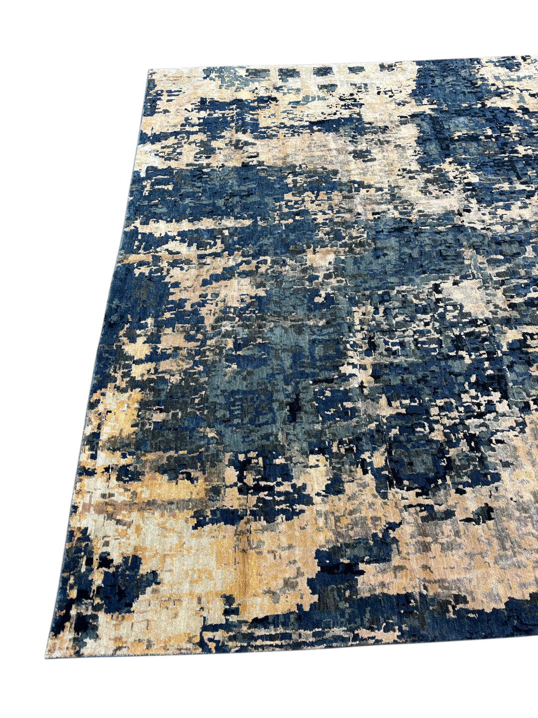 Navy Blue &amp; Gold -Modern Abstract Art Silk Area Rug | 10.0’ x 14.7’