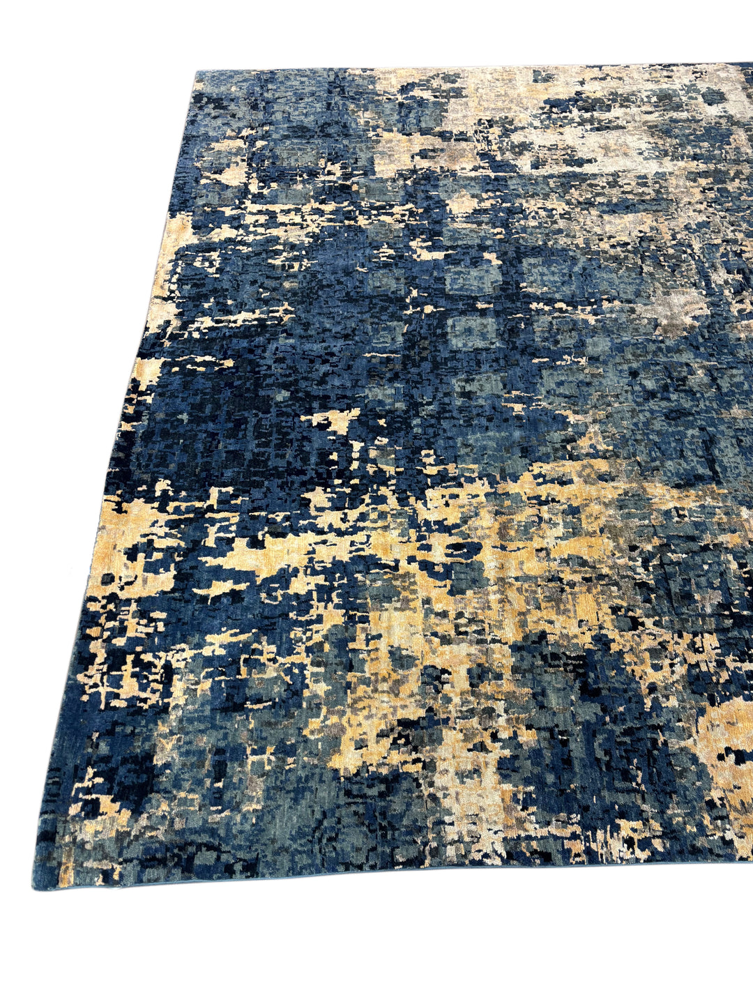 Navy Blue &amp; Gold -Modern Abstract Art Silk Area Rug | 10.0’ x 14.7’