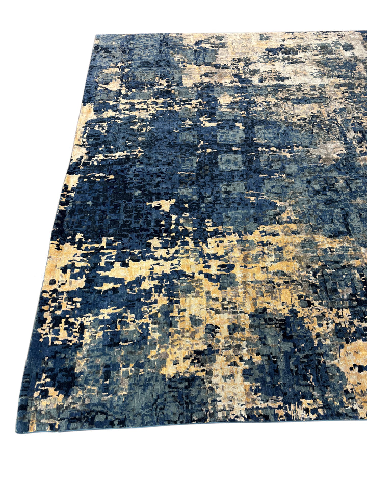 Navy Blue &amp; Gold -Modern Abstract Art Silk Area Rug | 10.0’ x 14.7’