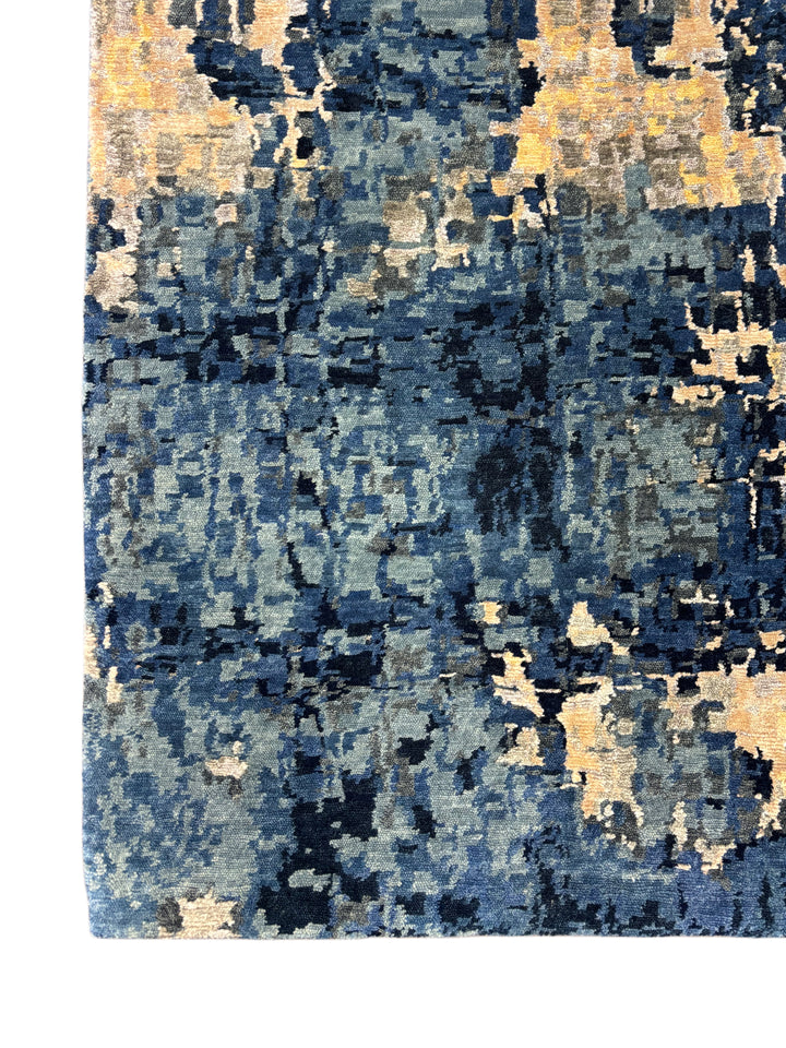Navy Blue &amp; Gold -Modern Abstract Art Silk Area Rug | 10.0’ x 14.7’