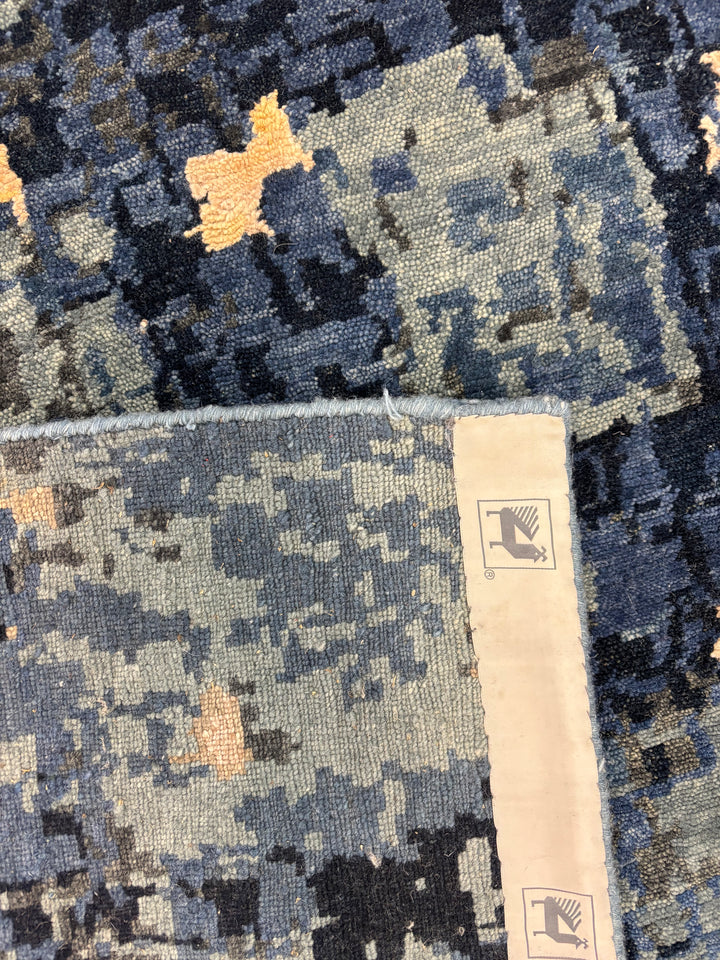 Navy Blue &amp; Gold -Modern Abstract Art Silk Area Rug | 10.0’ x 14.7’