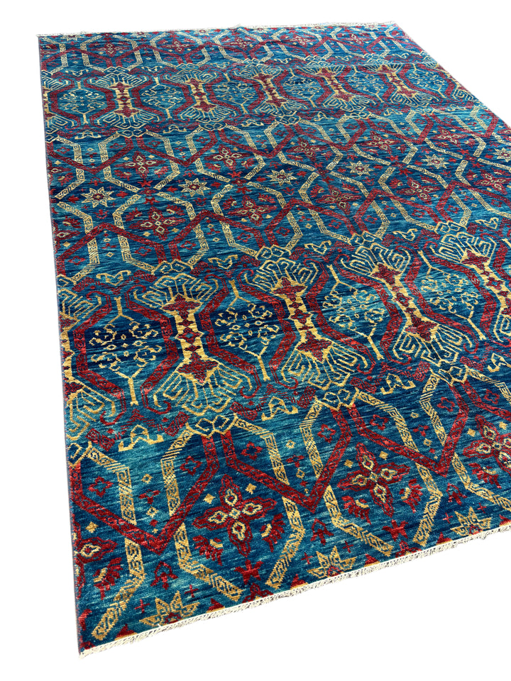 Blue &amp; Red Tribal Design - Handcrafted Geometric Wool Area Rug - 9.11’ x 14.0’