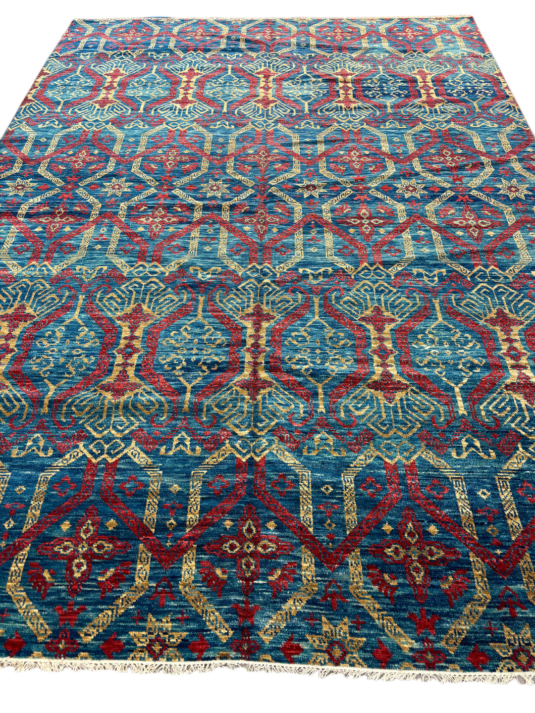 Blue &amp; Red Tribal Design - Handcrafted Geometric Wool Area Rug - 9.11’ x 14.0’