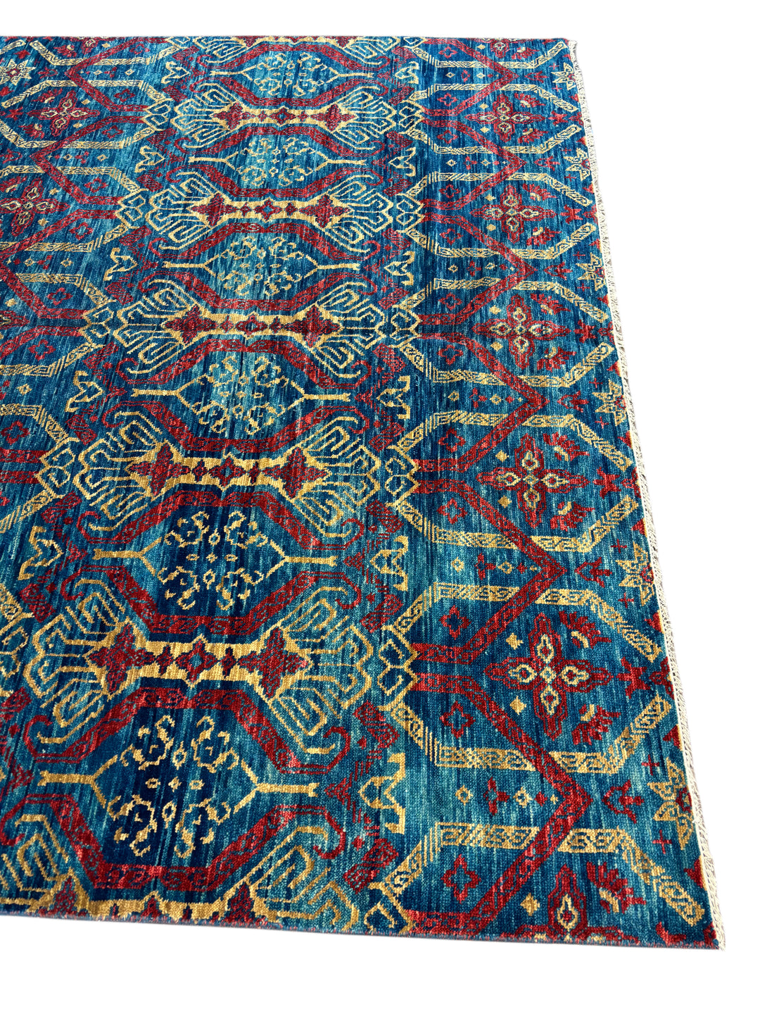Blue &amp; Red Tribal Design - Handcrafted Geometric Wool Area Rug - 9.11’ x 14.0’