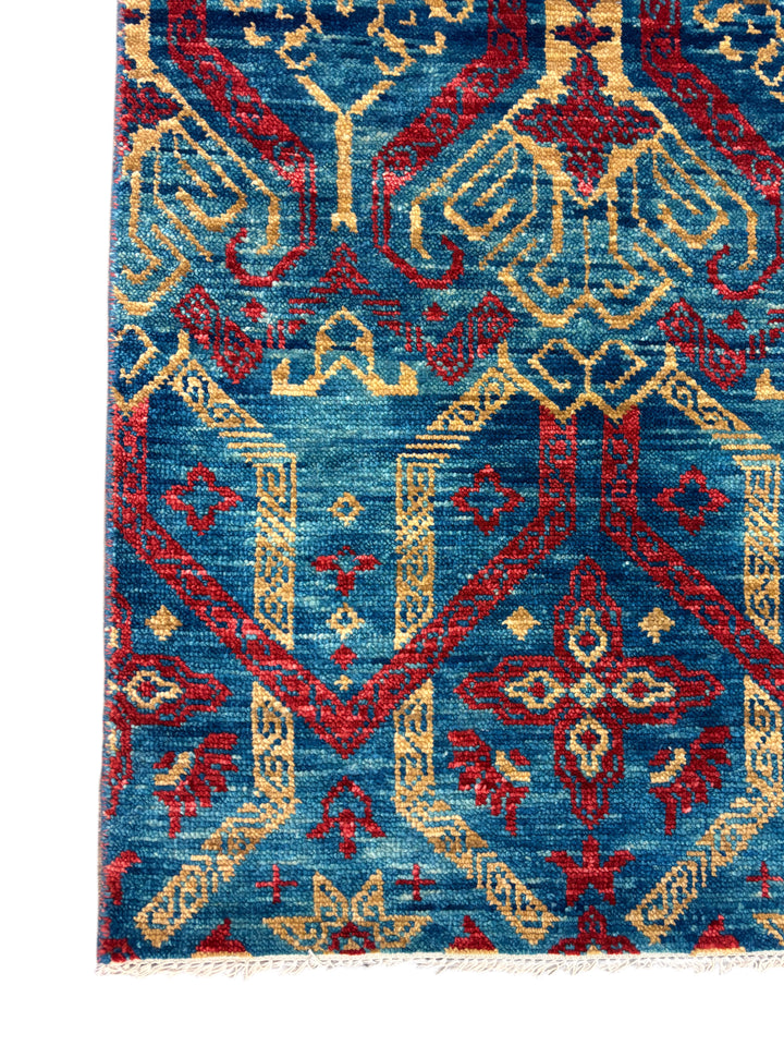 Blue &amp; Red Tribal Design - Handcrafted Geometric Wool Area Rug - 9.11’ x 14.0’