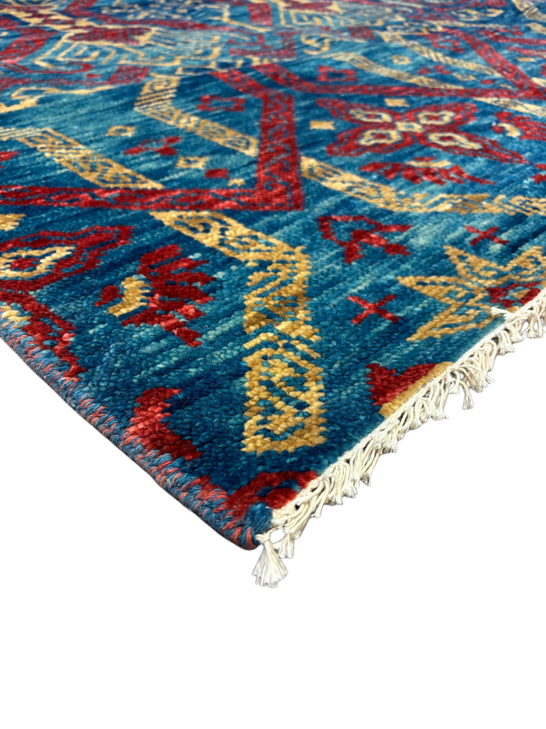 Blue &amp; Red Tribal Design - Handcrafted Geometric Wool Area Rug - 9.11’ x 14.0’
