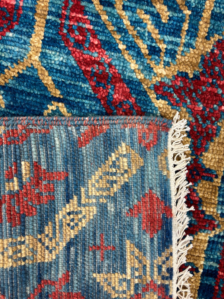 Blue &amp; Red Tribal Design - Handcrafted Geometric Wool Area Rug - 9.11’ x 14.0’