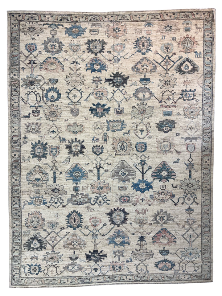 Ivory, Blue &amp; Taupe Tribal Design - Handcrafted Wool Area Rug –  10.4’ x 13.8’