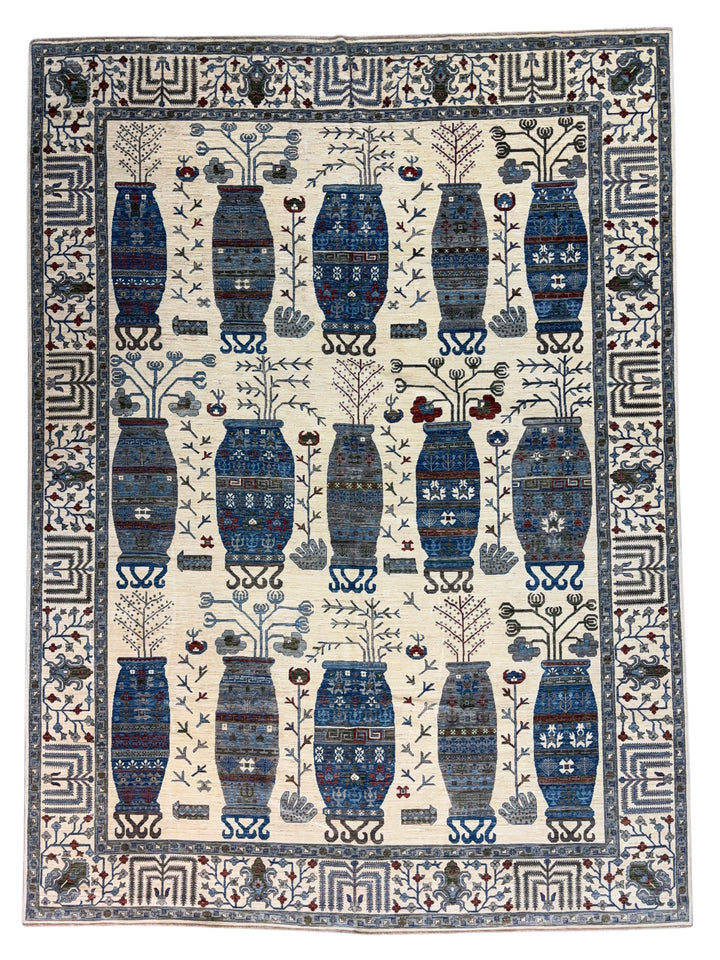 Ivory, Navy Blue &amp; Slate Gray Decorative Vase Design - Handcrafted Wool Area Rug –  10.2’ x 13.9’