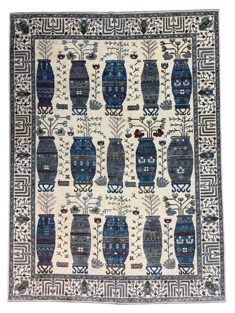 Ivory, Navy Blue & Slate Gray Decorative Vase Design - Handcrafted Wool Area Rug –  10.2’ x 13.9’