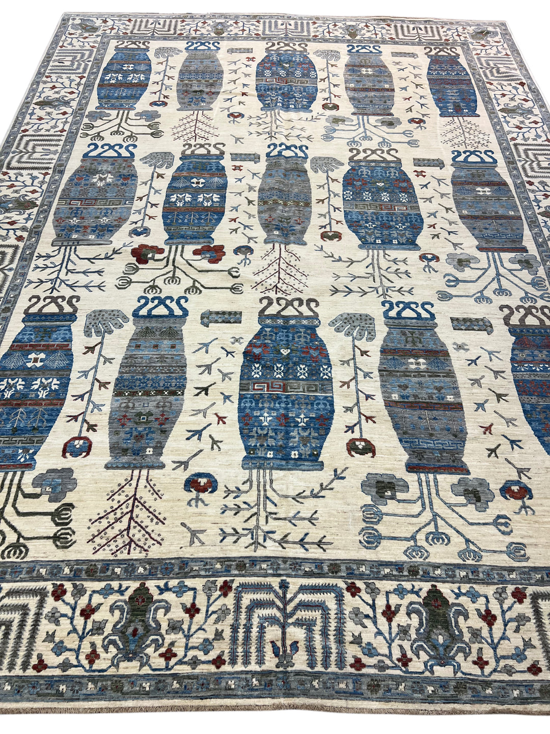 Ivory, Navy Blue &amp; Slate Gray Decorative Vase Design - Handcrafted Wool Area Rug –  10.2’ x 13.9’