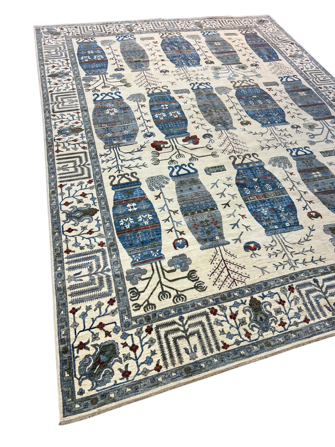 Ivory, Navy Blue &amp; Slate Gray Decorative Vase Design - Handcrafted Wool Area Rug –  10.2’ x 13.9’