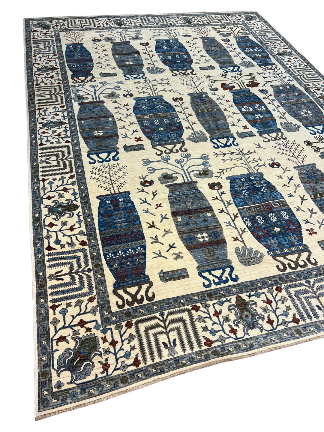 Ivory, Navy Blue &amp; Slate Gray Decorative Vase Design - Handcrafted Wool Area Rug –  10.2’ x 13.9’