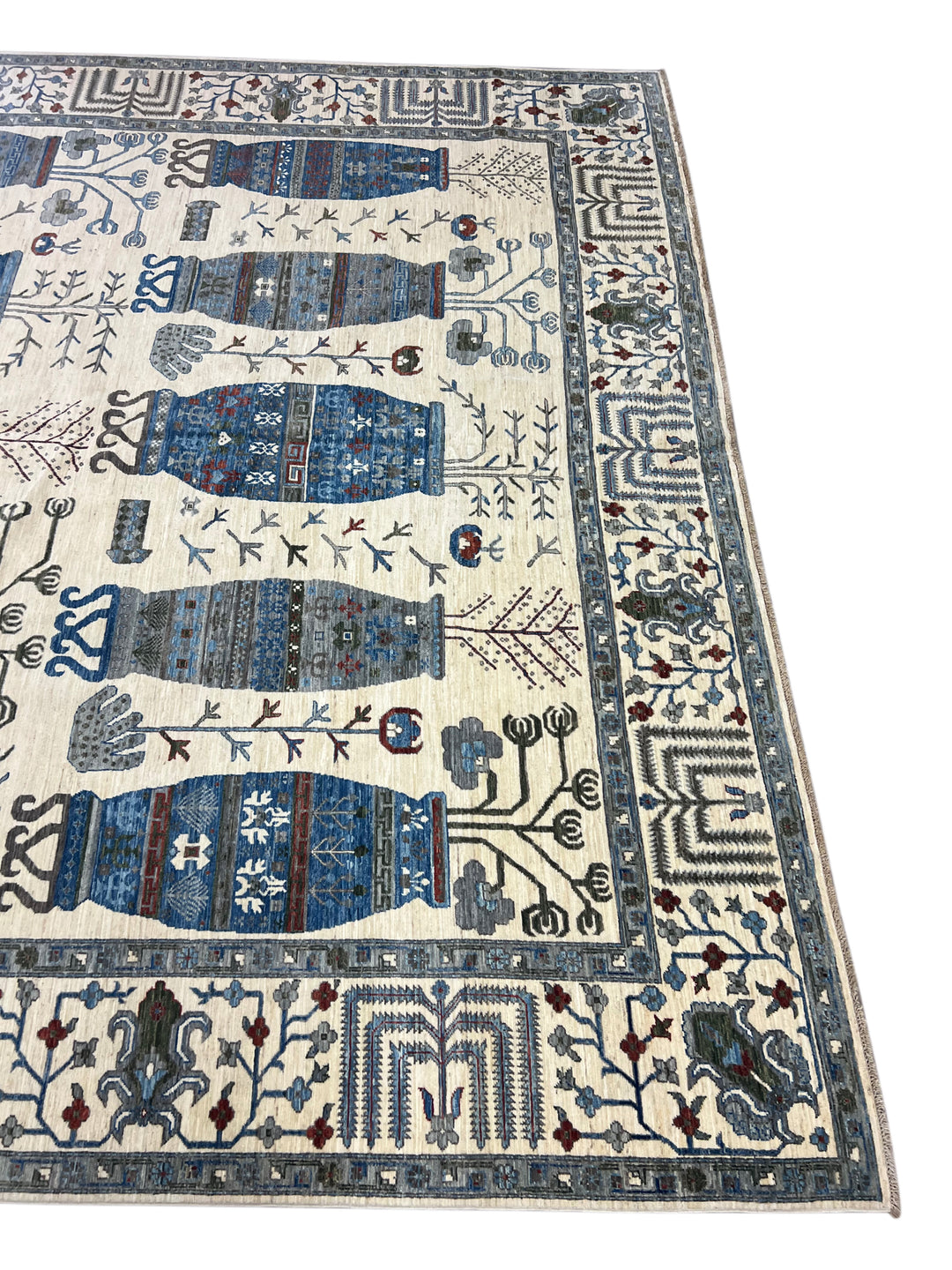 Ivory, Navy Blue &amp; Slate Gray Decorative Vase Design - Handcrafted Wool Area Rug –  10.2’ x 13.9’