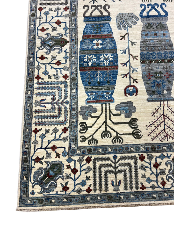 Ivory, Navy Blue &amp; Slate Gray Decorative Vase Design - Handcrafted Wool Area Rug –  10.2’ x 13.9’