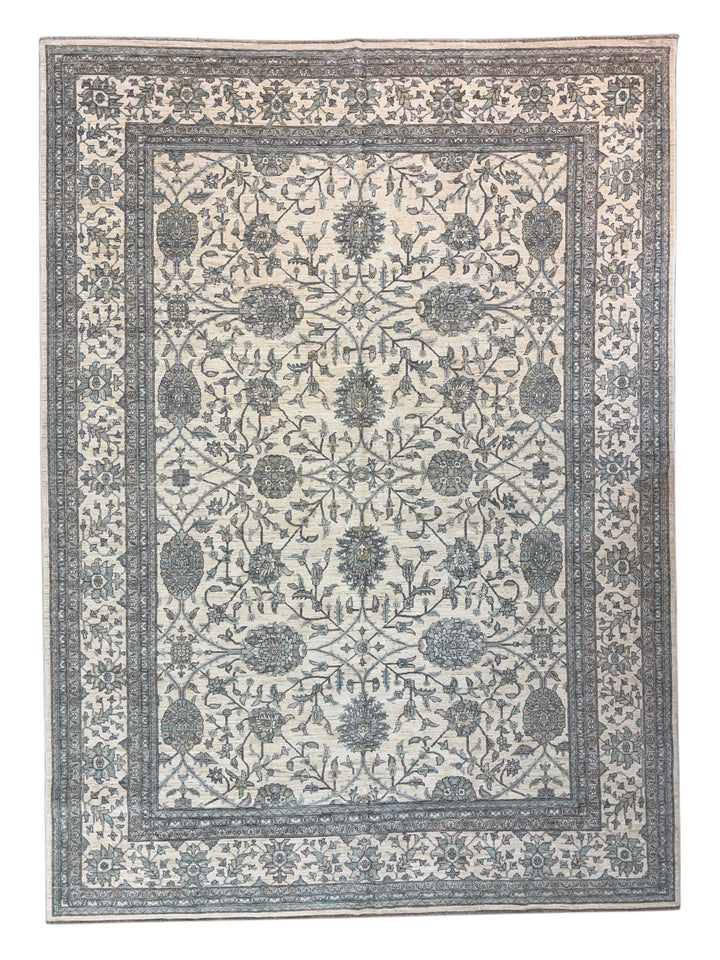 Ivory, Sky Blue &amp; Slate Gray Botanical Floral Design - Handcrafted Wool Area Rug –  9.9’ x 12.4’